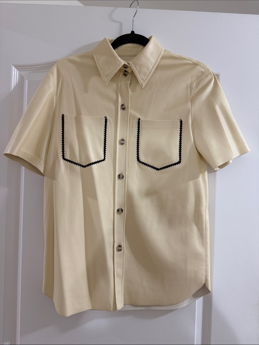 Nanushka Butter Yellow Vegan Leather Button-Down Shirt with Black Pocket Trim